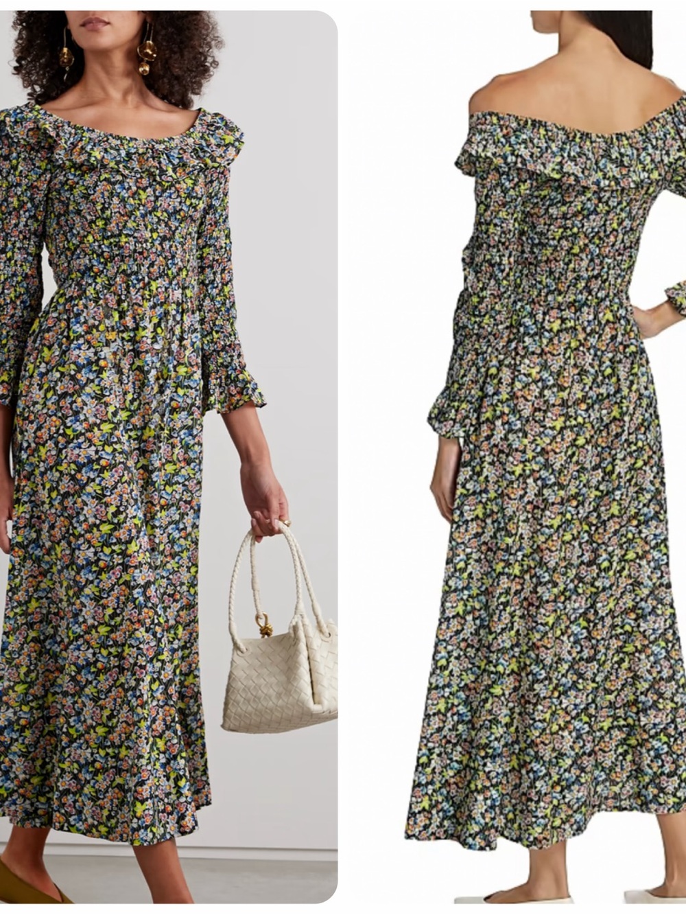 Doen Rosenda ruffled shirred floral organic cotton blend voile midi dress XS *